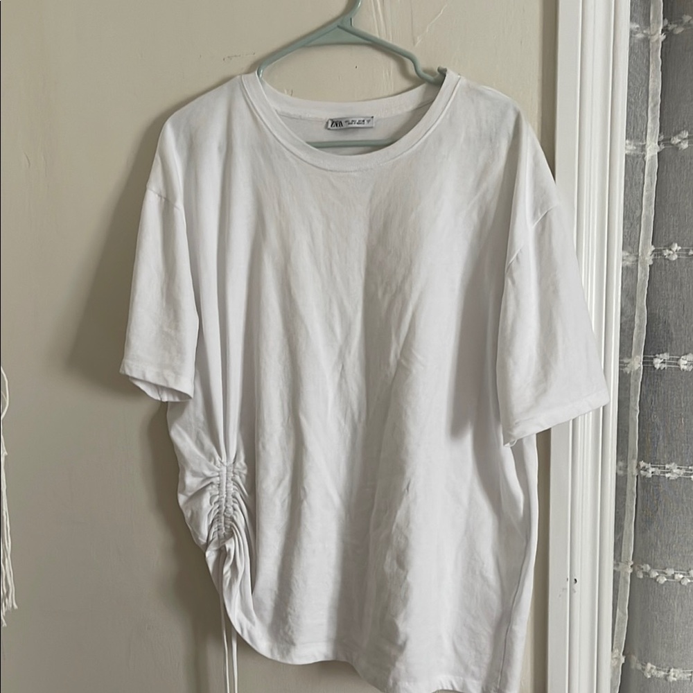 Zara White Relaxed Ruched Short Sleeve Tee